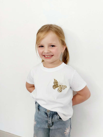 Wit Meisjes T-shirt met Gouden Vlinder | Mini Mignon Paris